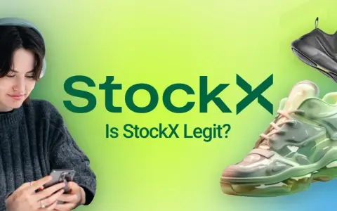 Dziewczyna w słuchawkach sprawdza na telefonie, czy StockX jest legit. Obok logo StockX widnieją dwa modele butów.