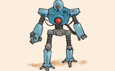 Niebieski robot z czerwonym okiem i brzuchem, z oznaczeniem "W1" na ramieniu. Dowiedz się, jak narysować robota krok po kroku.