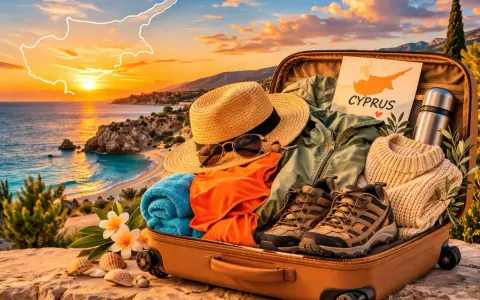 Walizka gotowa na Cypr: kapelusz, okulary, strój kąpielowy, ręcznik, buty trekkingowe, sweter i termos. Idealne rzeczy, co zabrać na Cypr!