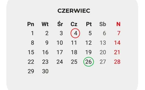 Kalendarz Czerwiec 2026. 26 czerwca zaznaczone zieloną obwódką, symbolizujące zakończenie roku szkolnego 2026.