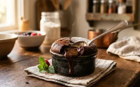 Un fondant au chocolat fumant, cœur coulant, prêt à être dégusté. Une cuillère y plonge, révélant sa richesse.