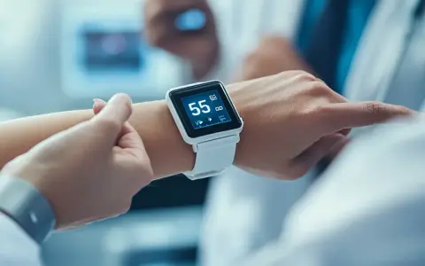 Na białym zegarku widnieje tętno spoczynkowe 55. Dłoń wskazuje na ekran, monitorując parametry zdrowotne.