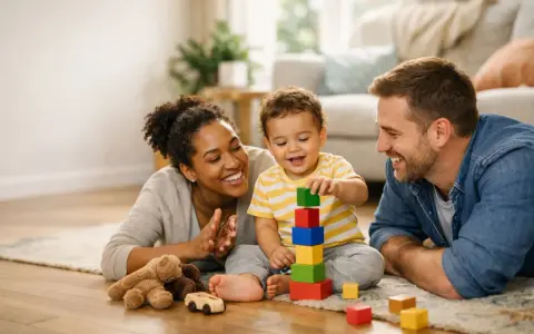 Glückliche Familie spielt mit Bauklötzen. Das Kind lernt spielerisch, wie man spricht, während Mama und Papa zuschauen.