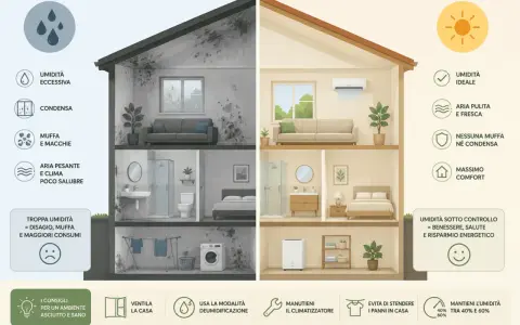 Casa con umidità eccessiva e muffa a sinistra, e un ambiente sano con deumidificatore a destra. Finestre aperte o chiuse non cambiano il risultato se l'umidità non è controllata.
