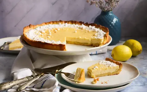 Ein köstliches Zitronentarte Rezept: Eine ganze Tarte und ein Stück auf einem Teller, bestäubt mit Puderzucker. Zwei Zitronen liegen daneben.