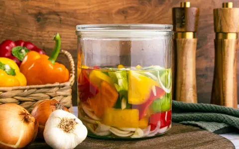 Buntes eingelegtes Gemüse im Glas: Paprika zum Abnehmen, Zwiebeln und Knoblauch.