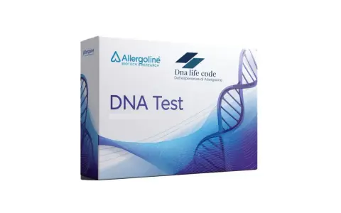 Scatola di un test del DNA di Allergoline, con il significato della delezione genetica implicito nella sua analisi.