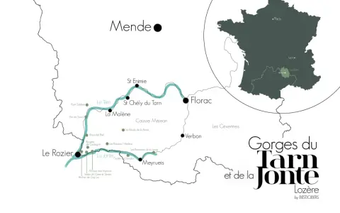 Carte des Gorges du Tarn et de la Jonte, montrant les villages, points d'intérêt et la région Lozère.