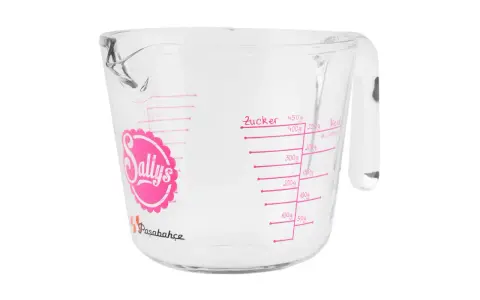 Glas-Messbecher mit rosa Markierungen für Zucker und Mehl. Ideal, um 1 ml abzumessen ohne Messbecher.