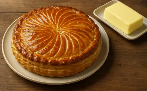 Une belle galette frangipane noisette dorée, prête à être dégustée, avec une plaquette de beurre à côté.