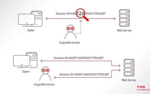Ein Angreifer stiehlt die Session ID eines Opfers, um sich als dieser auszugeben. Dies ist ein Beispiel für Session Hijacking.