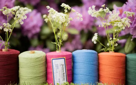 Rader av färgglada bomullsgarn i olika nyanser, med små vita blommor som sticker upp ur rullarna. Bakgrunden är en suddig lila blomsterprakt.