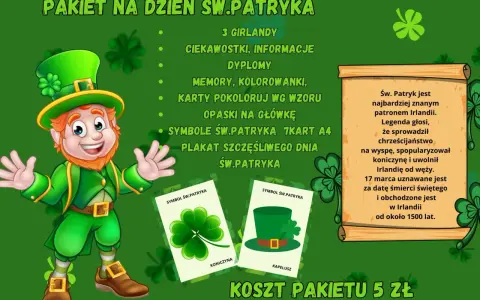 Zielony pakiet na Dzień Św. Patryka: skrzat, koniczyna, kapelusz, girlandy, ciekawostki, dyplomy, memory, kolorowanki, opaski. Symbole Św. Patryka.