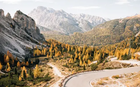 Malownicza droga w Dolomitach, otoczona jesiennymi drzewami, idealne miejsce na camping.
