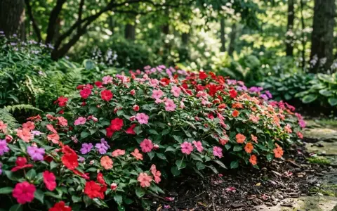 A vibrant bed of growing impatiens in shades of pink, red, and orange blooms along a stone path, nestled amongst lush green foliage and trees.