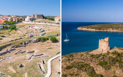 Sant'Antioco, la città più antica d'Italia, mostra le sue rovine archeologiche e la sua torre costiera affacciata sul mare blu.
