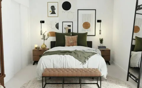 Dormitorio moderno con cama, arte abstracto y espejos en el dormitorio bien situados que amplían el espacio.