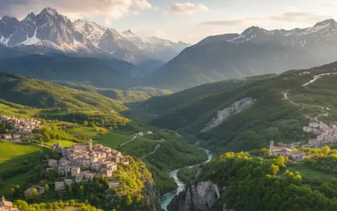 Borghi antichi aggrappati a colline verdi, un fiume azzurro scorre tra valli profonde, con il maestoso monte in Abruzzo che domina l'orizzonte innevato.