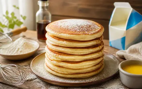 Pile de pancakes salés dorés, saupoudrés de sucre glace, avec des ingrédients de cuisine en arrière-plan.