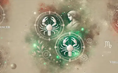 Dwa symbole zodiaku Rak, jeden z zieloną obwódką, a drugi z szarą. Obok profil kobiety i symbol Panny.