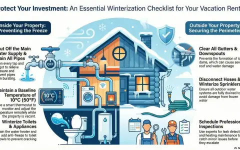 Checklist for how to winterize your home: Shut off water, drain pipes, maintain temperature, winterize toilets, clear gutters, disconnect hoses, and schedule inspections.