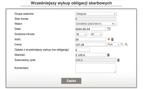 Formularz do przedterminowego wykupu obligacji skarbowych z polami do wpisania danych.