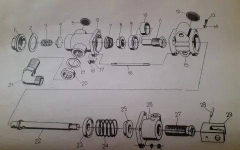 Schemat części rozdzielacza Ursus C-330. Pokrętło (12) służy do regulacji ciśnienia w układzie hydraulicznym.