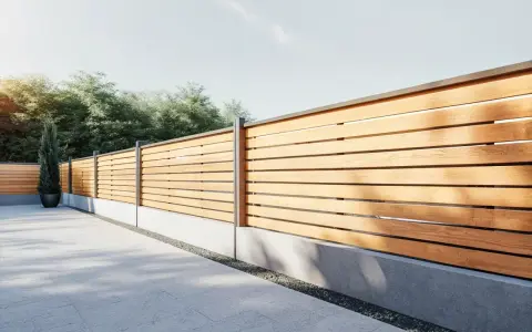 Ett snyggt plank i trä med moderna stolpar, som ramar in en stenlagd uteplats. Träden i bakgrunden ger en grönskande känsla.