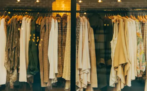 Vetrine di un negozio di abbigliamento con capi in tonalità neutre. Il **store manager** ha scelto un'esposizione elegante.