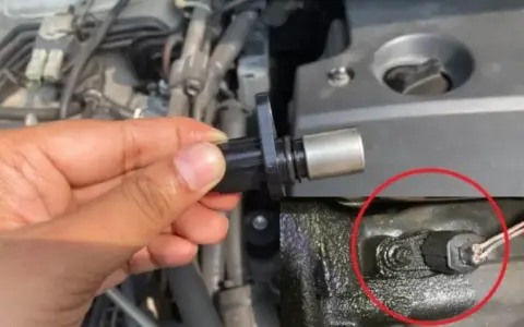 A hand holds a crankshaft position sensor, with a close-up showing the sensor installed. These parts are key to preventing common crankshaft position sensor symptoms like engine stalling.