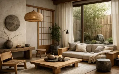 Soggiorno in stile Japandi con divano, tavolino basso in legno, sedia in paglia e vista su un giardino zen.