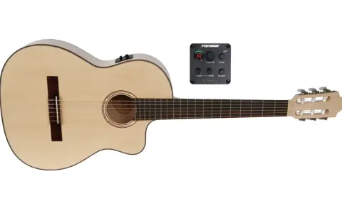 Akustikgitarre mit Fishman Vorverstärker auf weißem Hintergrund.