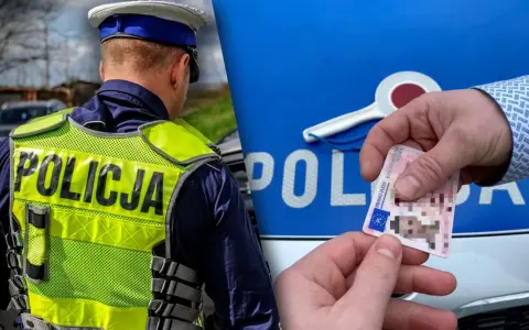 Policjant w kamizelce odblaskowej i ręka podająca prawo jazdy na tle radiowozu.