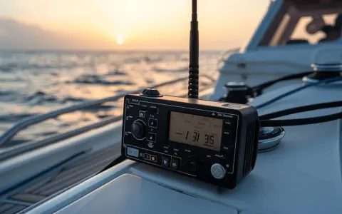 Radio VHF sur un bateau au coucher du soleil. Le classement VHF est essentiel pour la sécurité en mer.
