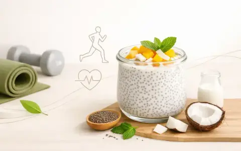 Zdrowy deser z chia z mlekiem kokosowym, ozdobiony mango i miętą. Obok leżą sztangi, mata do ćwiczeń i ikony symbolizujące zdrowy styl życia.