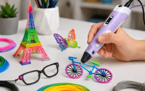 Ręka trzyma fioletowy długopis 3D, tworząc rower. Obok stoją wieża Eiffla, motyl i okulary. Widać też kolorowe filamenty, pokazujące, jak działa długopis 3D.