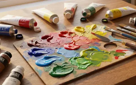 Kolorowa paleta z farbami tempera i akrylowymi, tubki z farbami i pędzle na drewnianym stole.