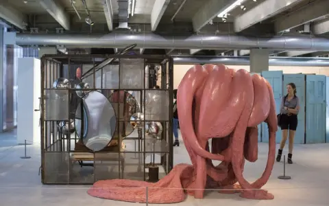 Sculpture rose organique, rappelant l'œuvre de Louise Bourgeois, côtoie une cage métallique remplie de miroirs. Une femme observe l'installation.