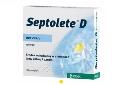 Opakowanie pastylek bez cukru Septolete D, środka odkażającego jamę ustną i gardło. 30 sztuk.