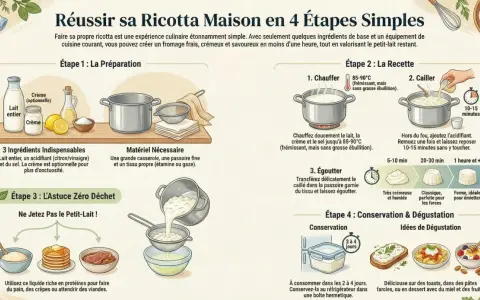 Guide pour réussir sa ricotta maison en 4 étapes simples : ingrédients, préparation, recette et dégustation.