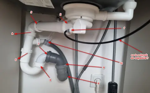 Instalacja hydrauliczna pod zlewem, pokazująca jak zrobić odpowietrzenie WC. Widoczne rury, syfon i podłączenie do gniazdka.
