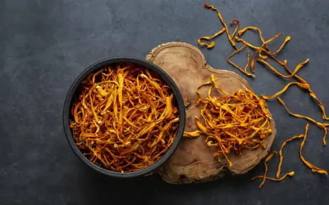Un bol de cordyceps séchés, connus pour leurs nombreux bienfaits, est posé sur un fond sombre. Quelques brins dorés s'échappent du bol.