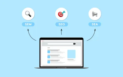 Laptop mit Suchleiste, darüber Icons für SEM (Lupe), SEO (Zielscheibe) und SEA (Megafon).