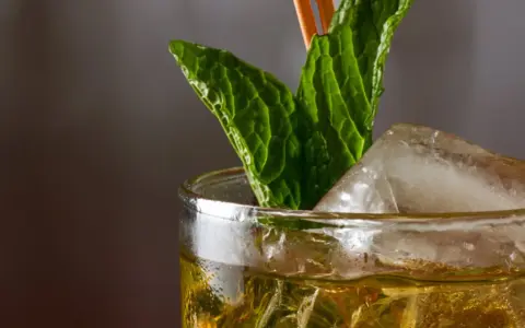 Ein erfrischender Mint Julep mit Eis und Minzblättern, bereit zum Genießen.