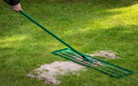 Mit einem Rechen wird Rasensand auf dem grünen Rasen verteilt, um ihn zu verbessern.