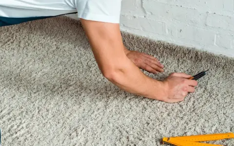 Handwerker verlegt Teppich mit einem Cuttermesser und einem Zollstock.
