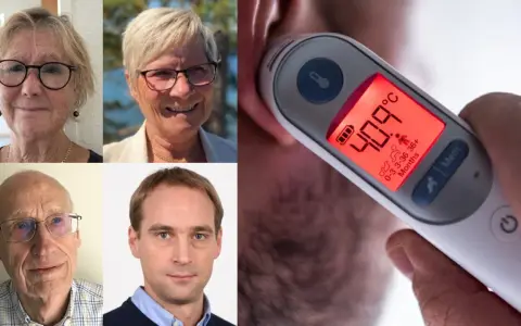 Kan man få feber av stress? Fyra porträtt av äldre personer och en närbild på en termometer som visar 40.9°C.