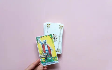 Mano sostiene la carta "El Mago" de un tarot del amor presente pasado y futuro.
