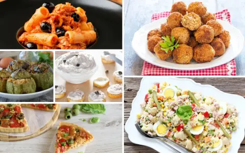 Collage di piatti: pasta al sugo e olive, polpette, zucchine ripiene, tartine, pizza e insalata di riso con specie di tonno.