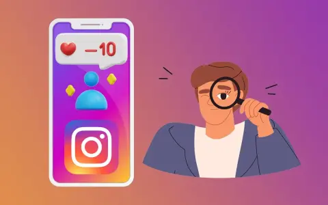 Mann mit Lupe schaut auf Instagram-App mit Herz und -10 Followern.